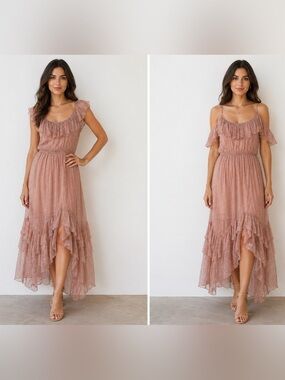 LOVE Sam MIDI DRESS PALE PINK Dot Floral Asymmetrical Ruffle Hem Semi Sheer